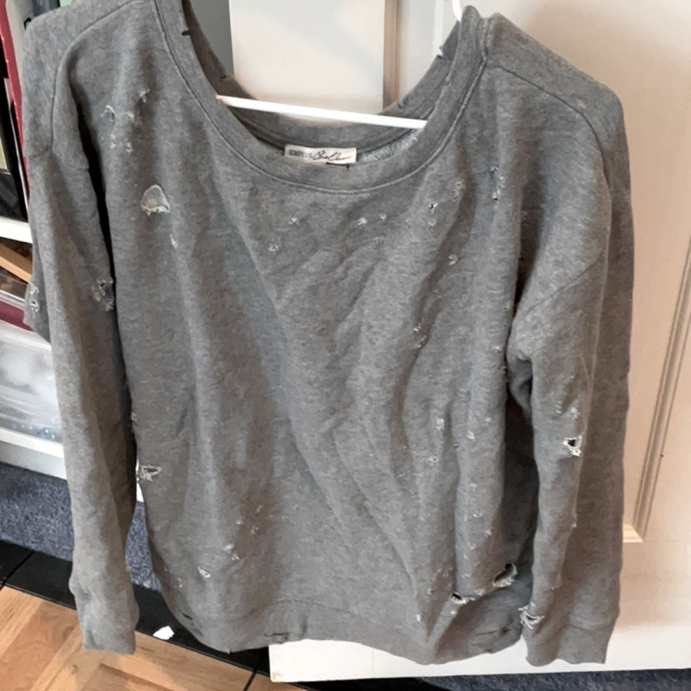 Express gray crewneck vintage sweatshirt with rips and slashes, small.